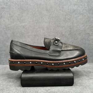Coach Black Leather Tea Rose Studded Platform Loafers Metallic Glitter Size 7